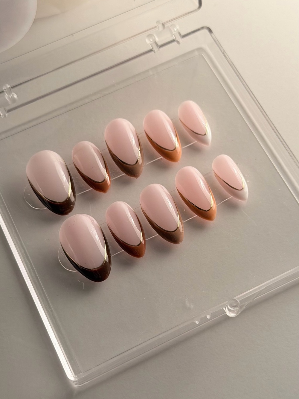 Nude Pink Almond Press-On Nails with Metallic Brown Accent